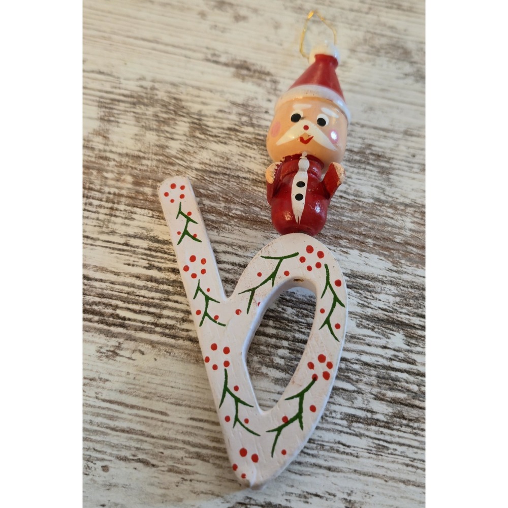 Vintage Wooden Santa Claus Letter B Ornament Hand Painted Folk Art Christmas